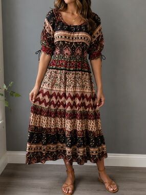Boho Paisley Maxi Dress Burgundy Black Cream | Smocked Waist | Size XS/S